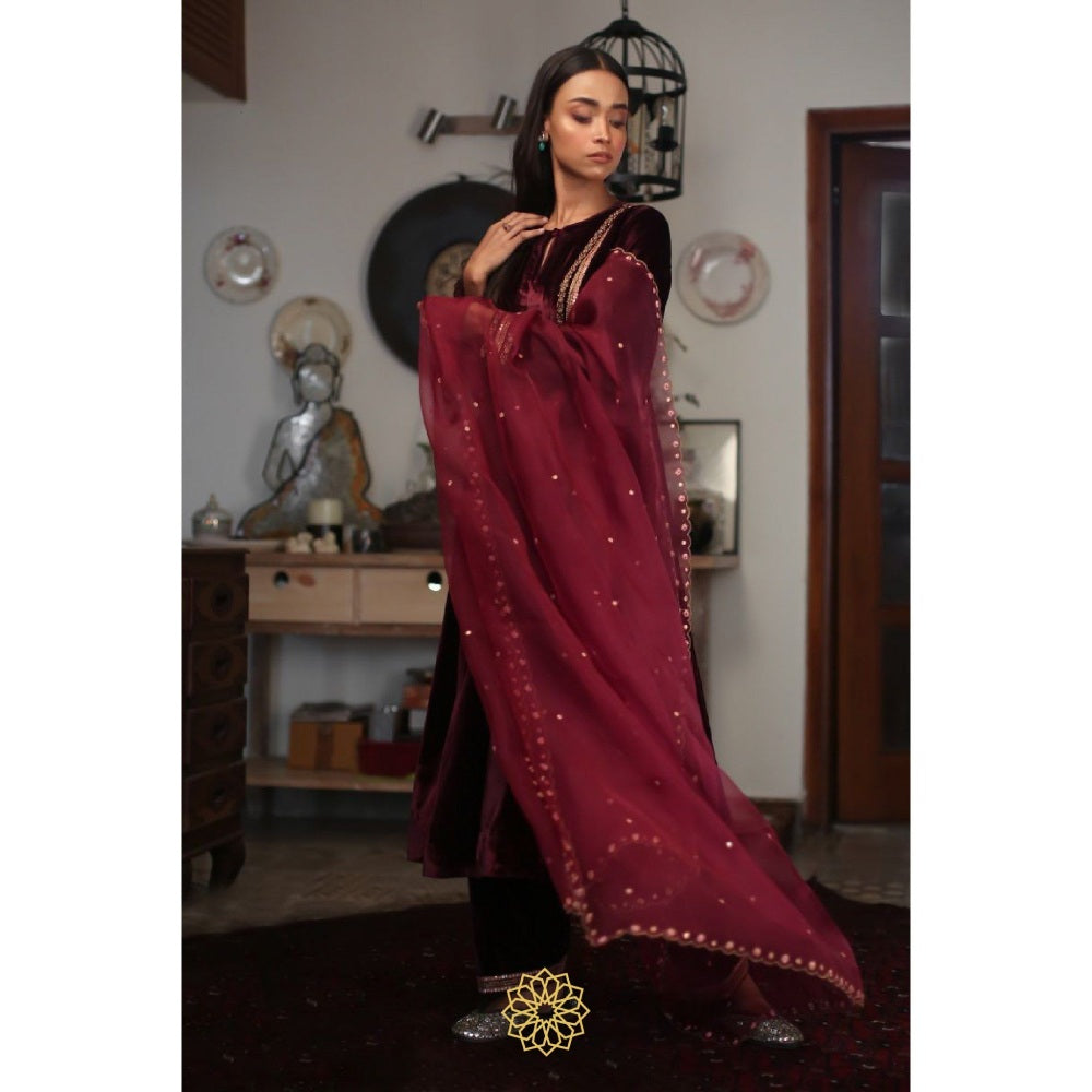 Rhua India Ruby Red Straight Kurta with Salwar and Dupatta (Set of 3)