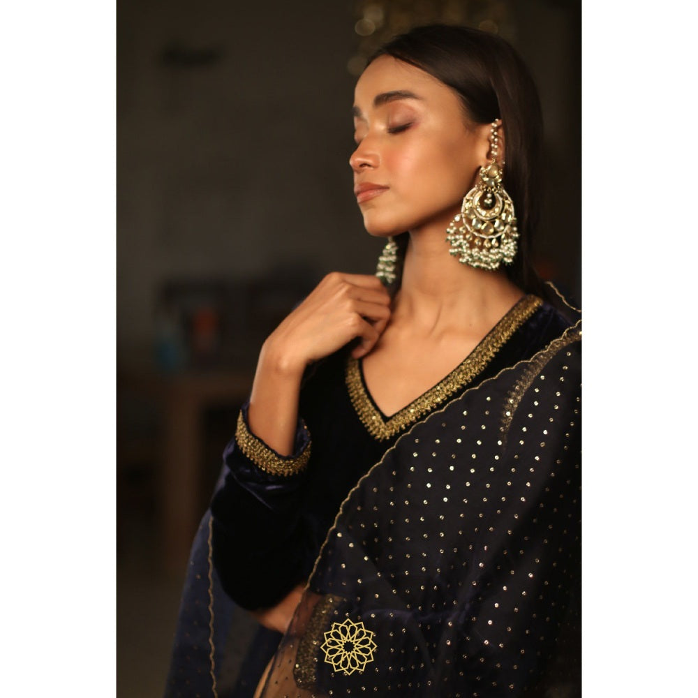 Rhua India Navy Blue Deep Blue Lehenga with Blouse and Dupatta (Set of 3)