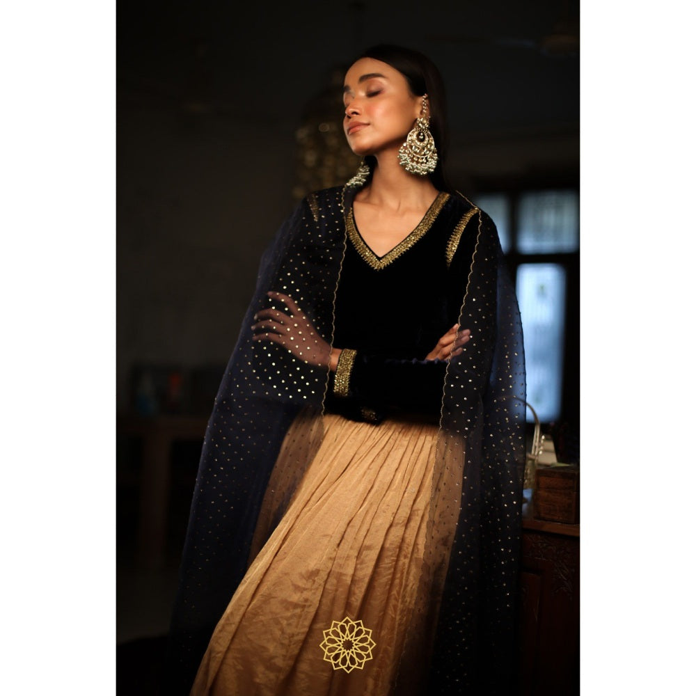 Rhua India Navy Blue Deep Blue Lehenga with Blouse and Dupatta (Set of 3)