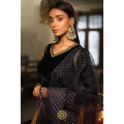 Rhua India Navy Blue Deep Blue Lehenga with Blouse and Dupatta (Set of 3)