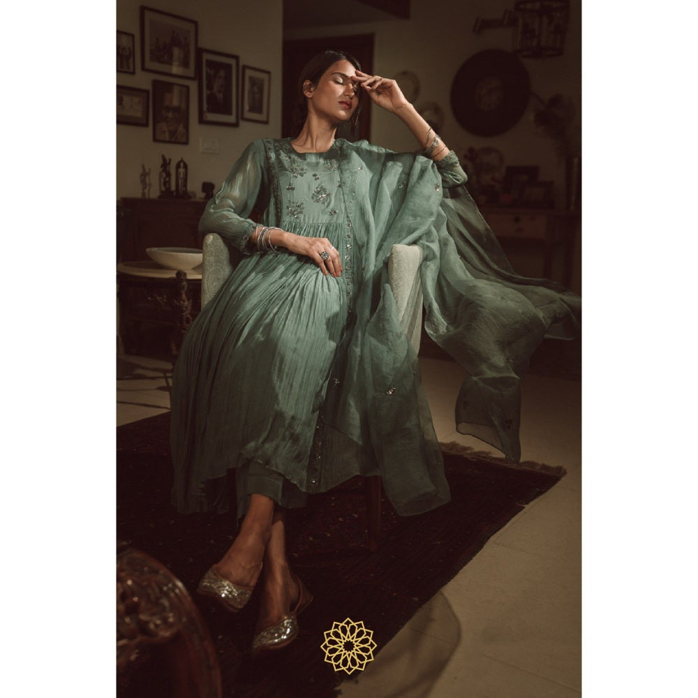 Rhua India Persian Green Anarkali with Pant and Dupatta (Set of 3)