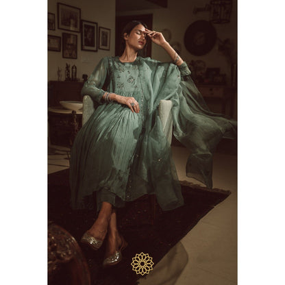 Rhua India Persian Green Anarkali with Pant and Dupatta (Set of 3)