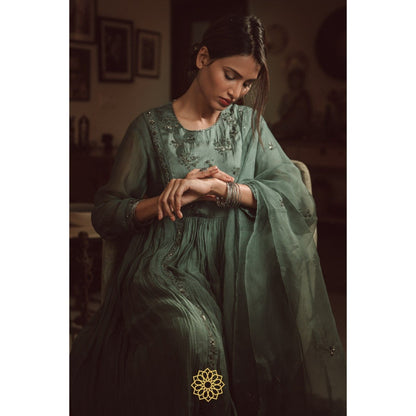 Rhua India Persian Green Anarkali with Pant and Dupatta (Set of 3)