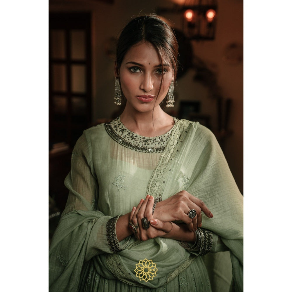 Rhua India Pistachio Green Anarkali with Pant and Dupatta (Set of 3)