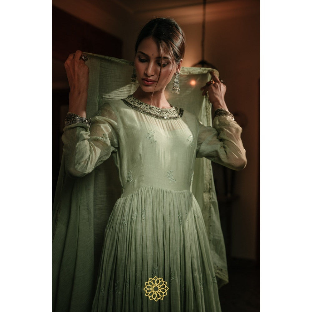 Rhua India Pistachio Green Anarkali with Pant and Dupatta (Set of 3)