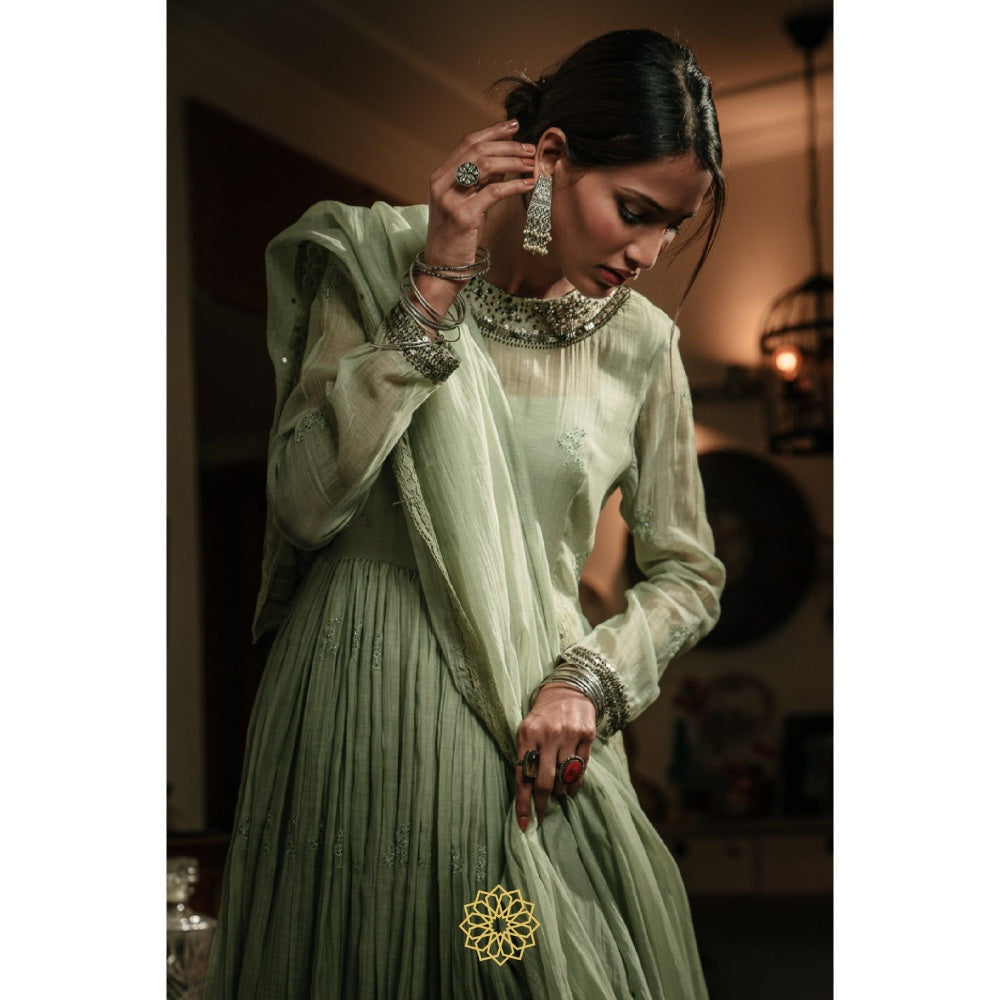 Rhua India Pistachio Green Anarkali with Pant and Dupatta (Set of 3)