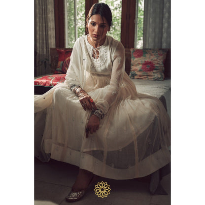 Rhua India White Moon Anarkali with Pant and Dupatta (Set of 3)