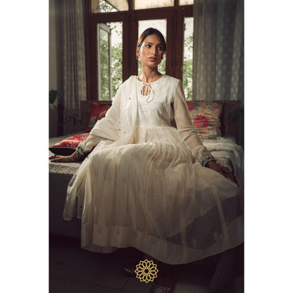 Rhua India White Moon Anarkali with Pant and Dupatta (Set of 3)