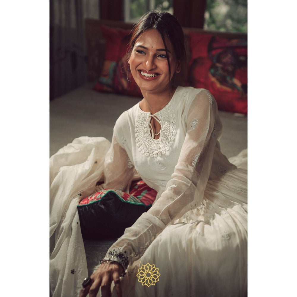 Rhua India White Moon Anarkali with Pant and Dupatta (Set of 3)