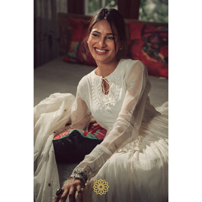 Rhua India White Moon Anarkali with Pant and Dupatta (Set of 3)