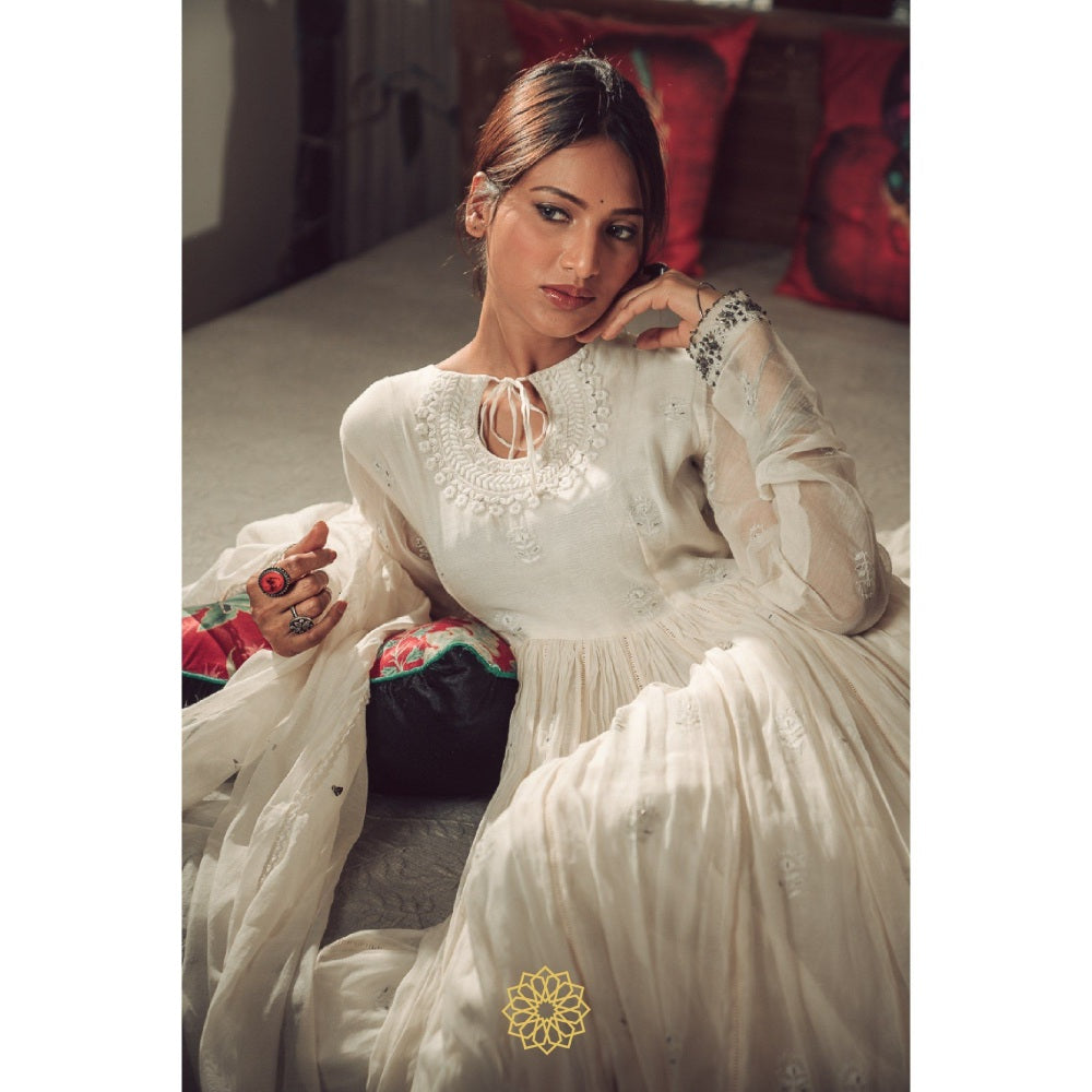 Rhua India White Moon Anarkali with Pant and Dupatta (Set of 3)