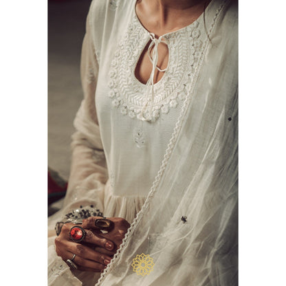 Rhua India White Moon Anarkali with Pant and Dupatta (Set of 3)