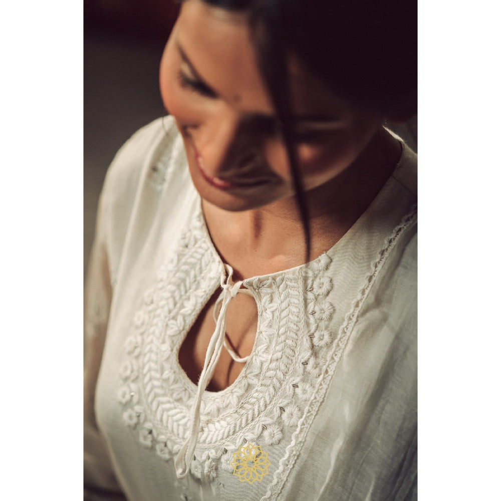 Rhua India White Moon Anarkali with Pant and Dupatta (Set of 3)