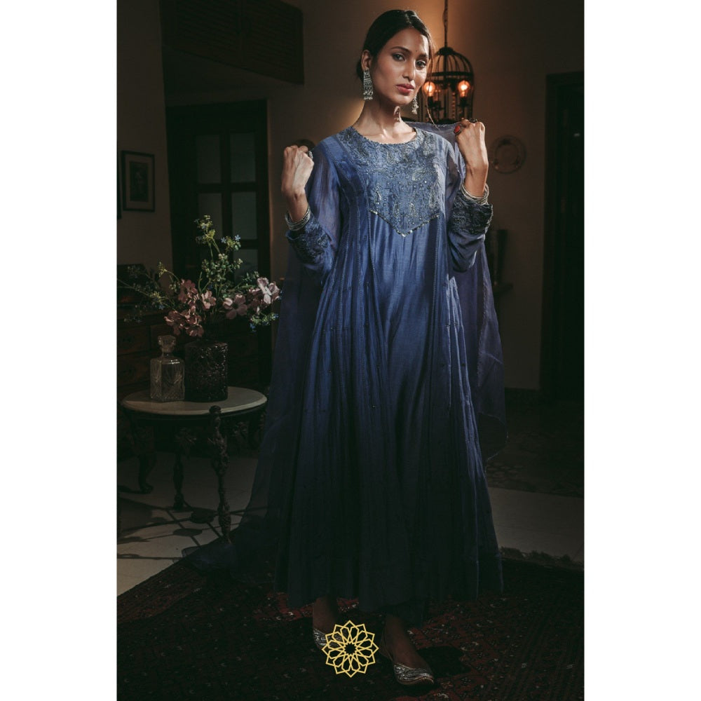 Rhua India Sapphire Blue Anarkali with Pant and Dupatta (Set of 3)