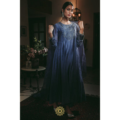 Rhua India Sapphire Blue Anarkali with Pant and Dupatta (Set of 3)