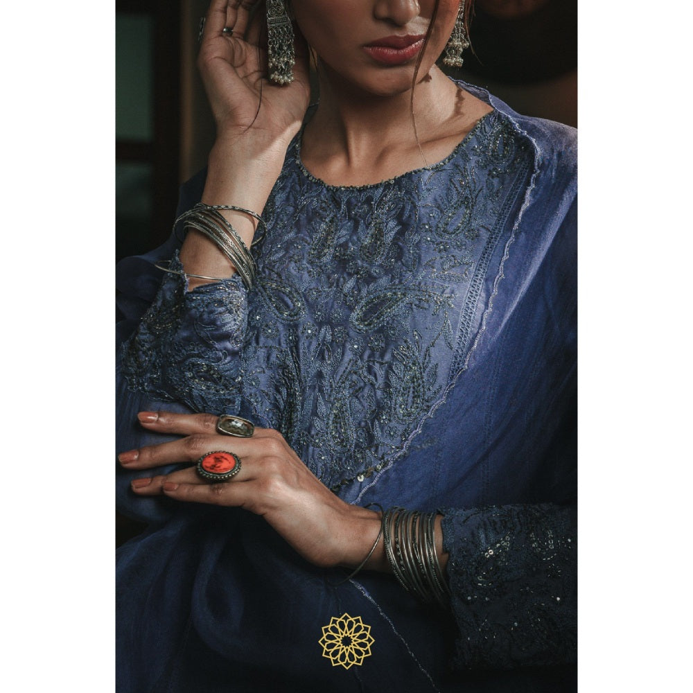 Rhua India Sapphire Blue Anarkali with Pant and Dupatta (Set of 3)