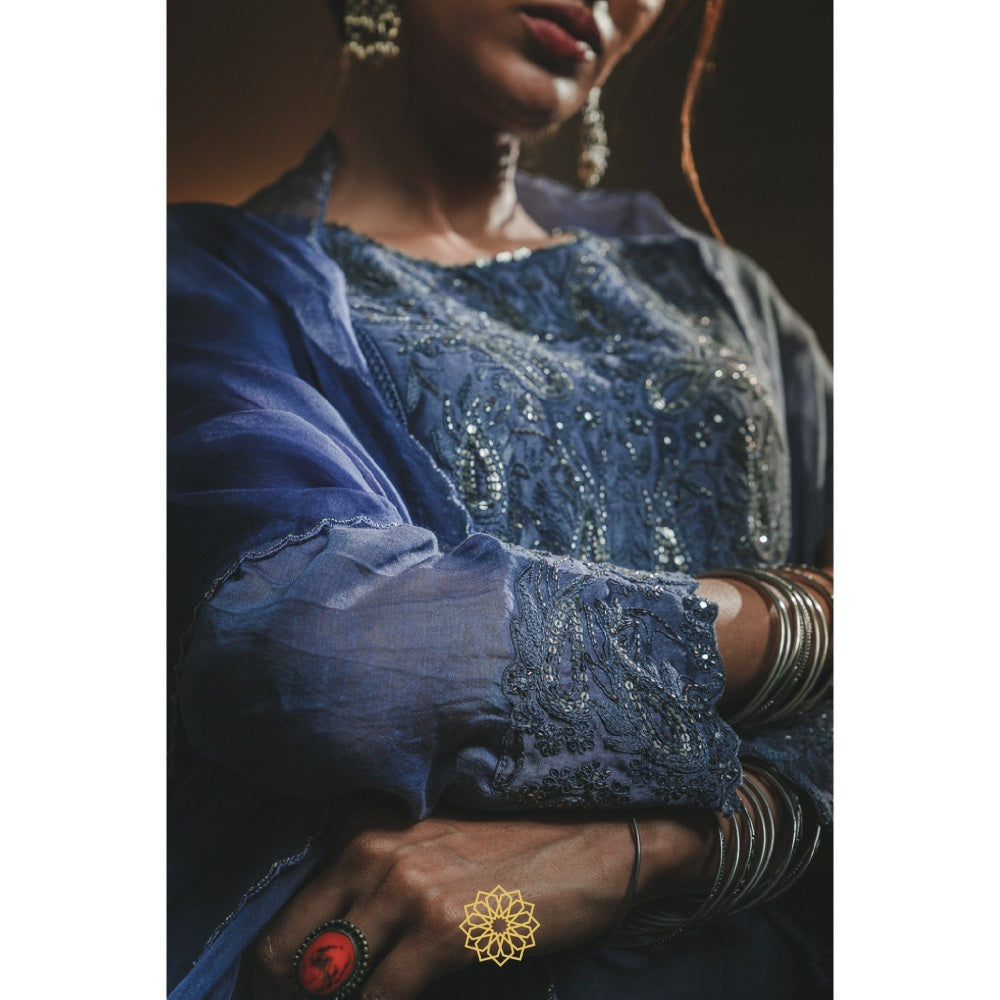 Rhua India Sapphire Blue Anarkali with Pant and Dupatta (Set of 3)