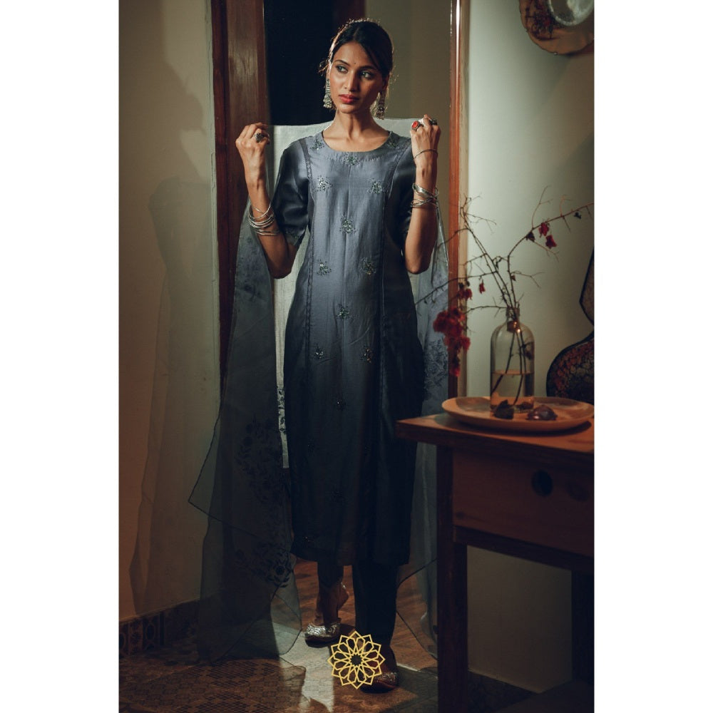 Rhua India Sapphire Grey Straight Kurta with Pant and Dupatta (Set of 3)