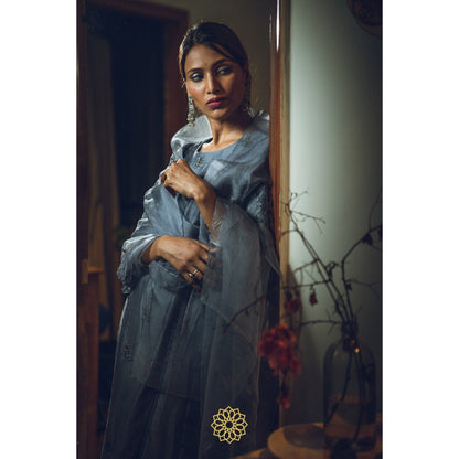 Rhua India Sapphire Grey Straight Kurta with Pant and Dupatta (Set of 3)