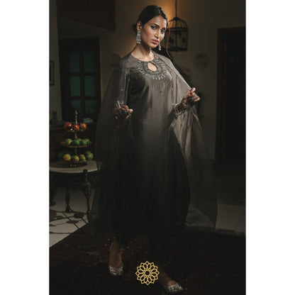 Rhua India Black Straight Kurta with Pant and Dupatta (Set of 3)