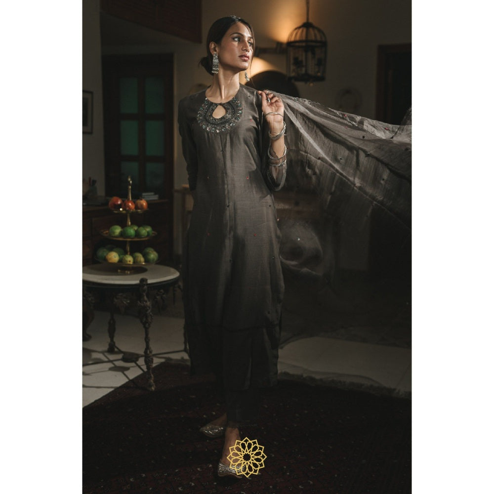 Rhua India Black Straight Kurta with Pant and Dupatta (Set of 3)