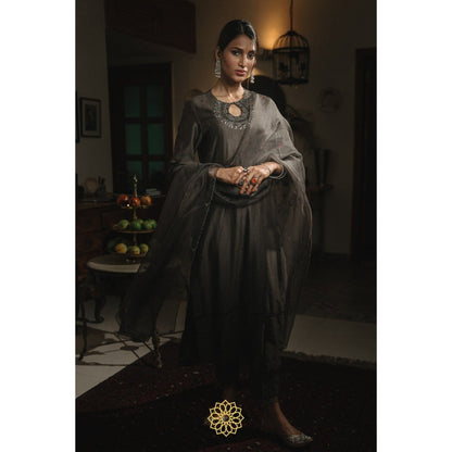 Rhua India Black Straight Kurta with Pant and Dupatta (Set of 3)