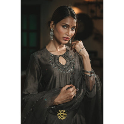 Rhua India Black Straight Kurta with Pant and Dupatta (Set of 3)