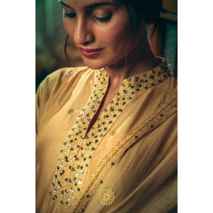 Rhua India Canary Yellow Straight Kurta with Pant and Dupatta (Set of 3)