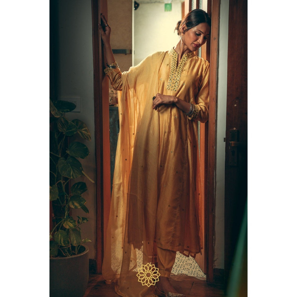 Rhua India Canary Yellow Straight Kurta with Pant and Dupatta (Set of 3)