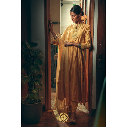 Rhua India Canary Yellow Straight Kurta with Pant and Dupatta (Set of 3)