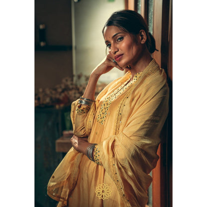 Rhua India Canary Yellow Straight Kurta with Pant and Dupatta (Set of 3)