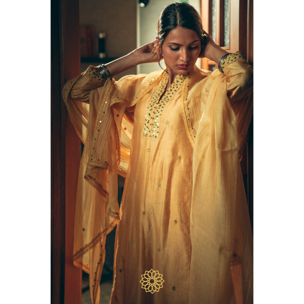 Rhua India Canary Yellow Straight Kurta with Pant and Dupatta (Set of 3)