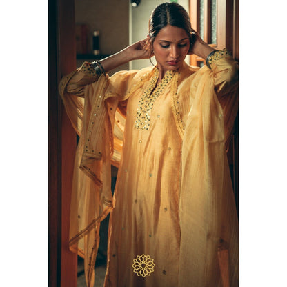 Rhua India Canary Yellow Straight Kurta with Pant and Dupatta (Set of 3)