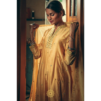 Rhua India Canary Yellow Straight Kurta with Pant and Dupatta (Set of 3)