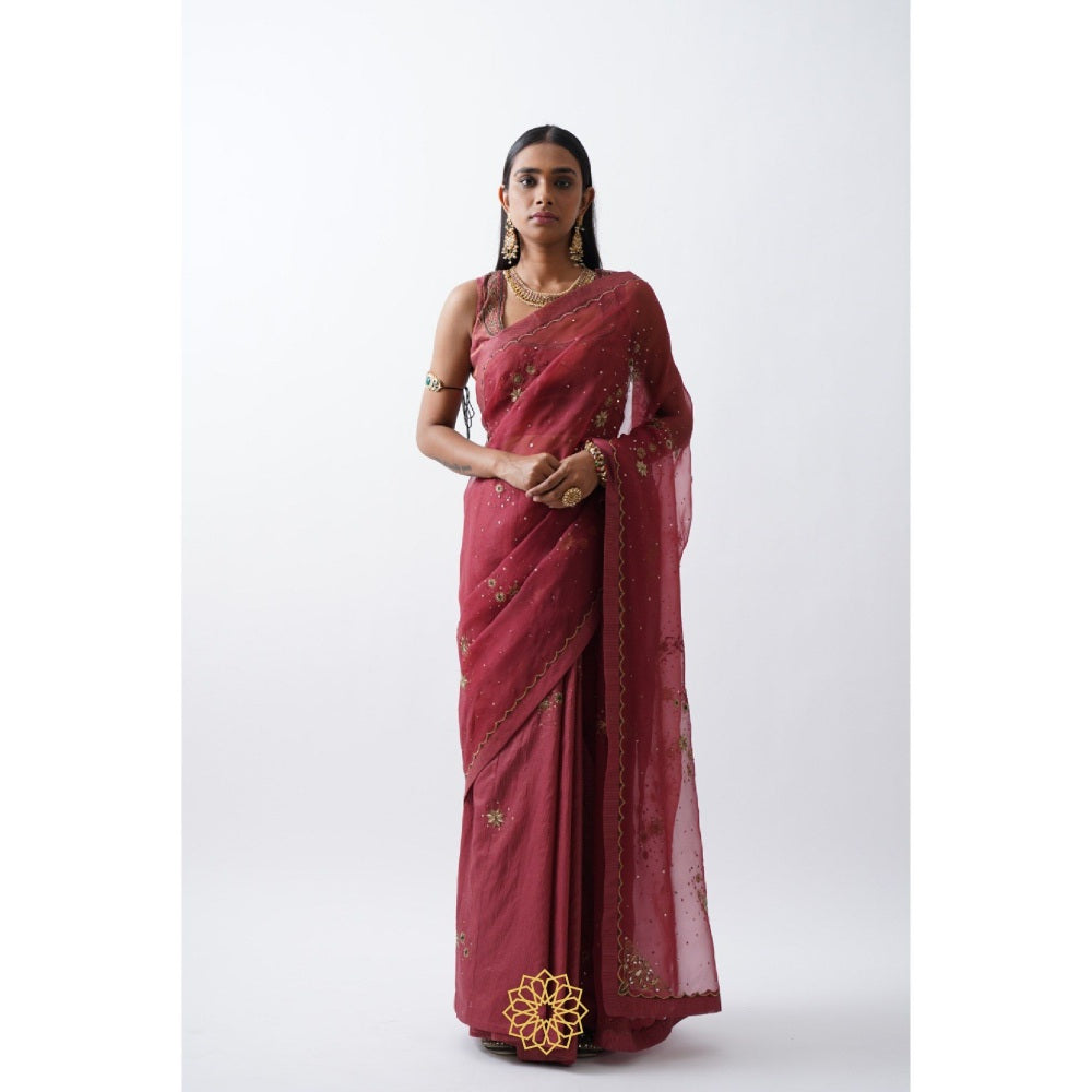 Rhua India Red Tarini Saree with Stitched Blouse and Petticoat