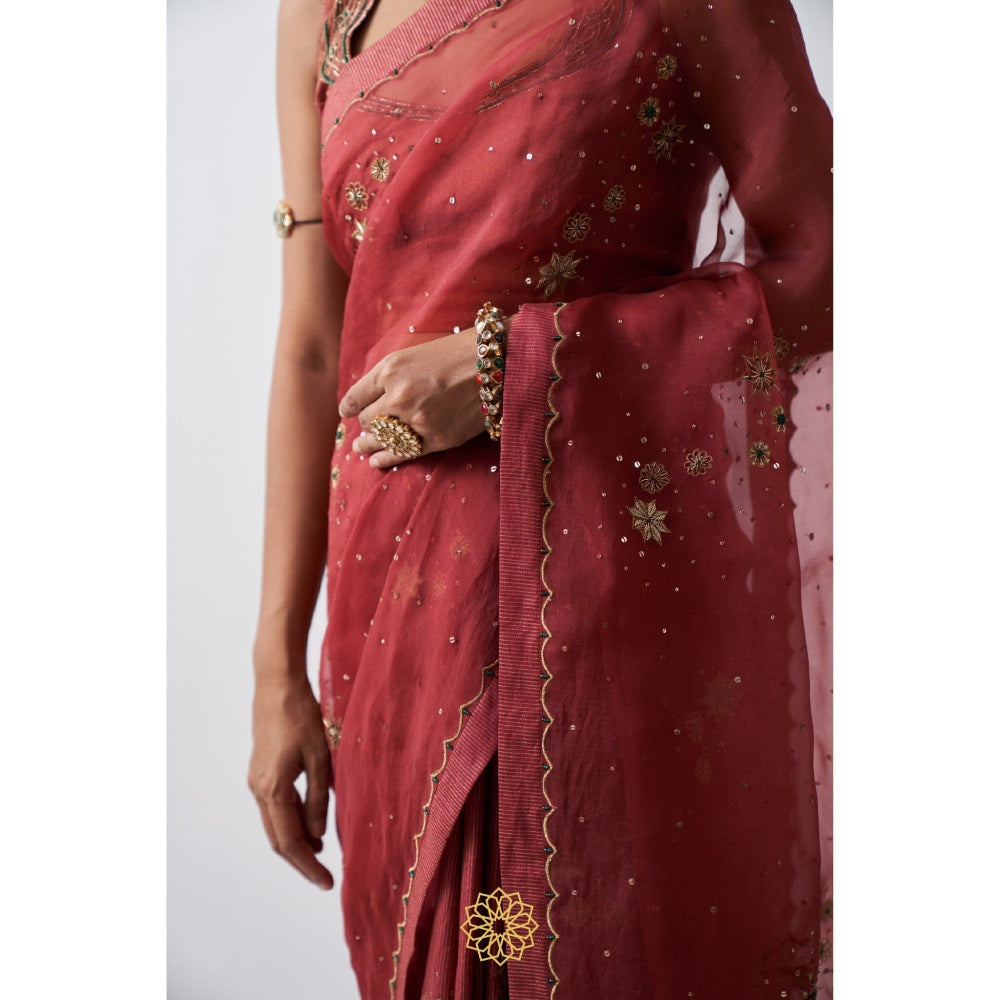 Rhua India Red Tarini Saree with Stitched Blouse and Petticoat
