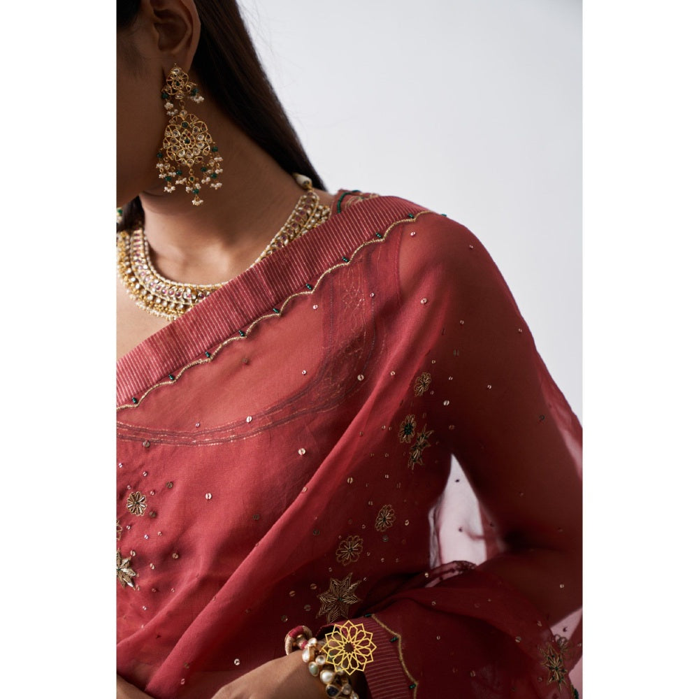 Rhua India Red Tarini Saree with Stitched Blouse and Petticoat