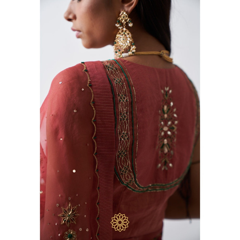 Rhua India Red Tarini Saree with Stitched Blouse and Petticoat