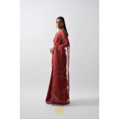 Rhua India Red Tarini Saree with Stitched Blouse and Petticoat