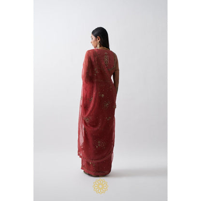 Rhua India Red Tarini Saree with Stitched Blouse and Petticoat