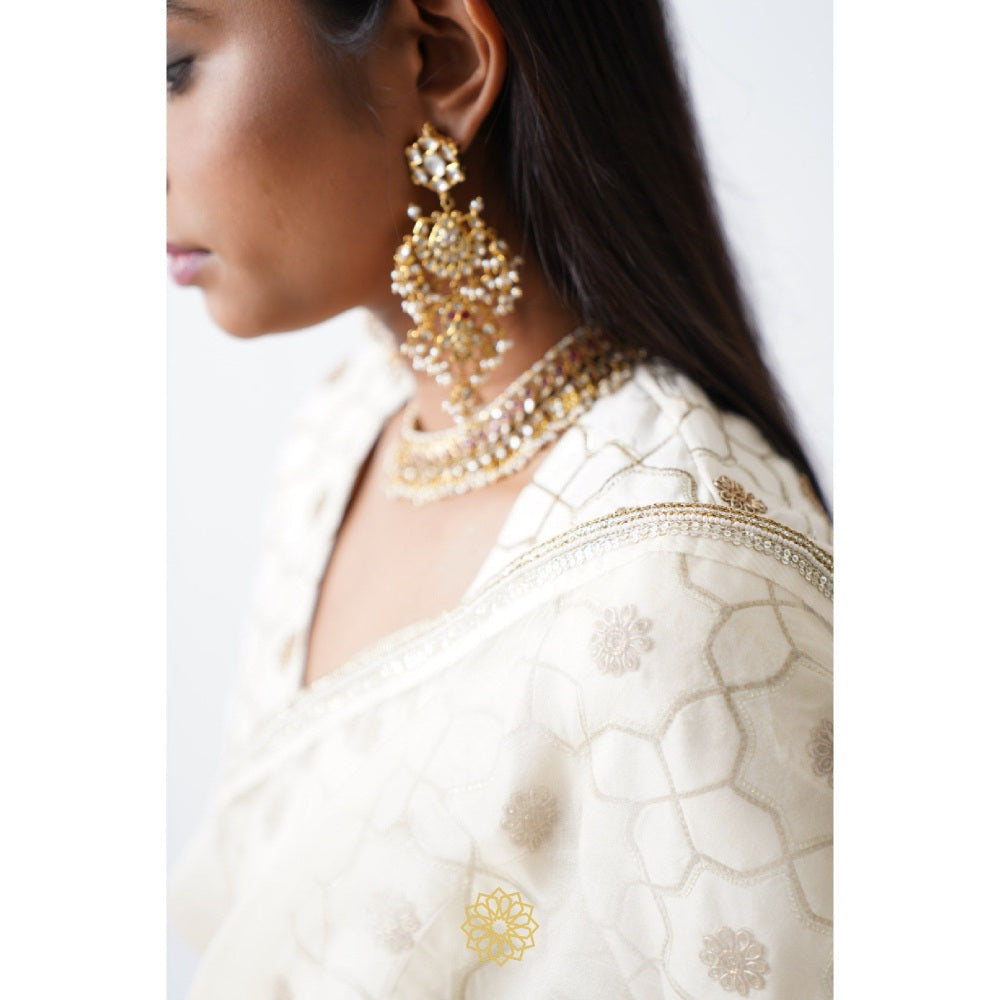 Rhua India White Avanti Classical Saree with Stitched Blouse and Petticoat