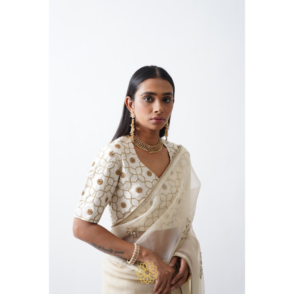 Rhua India White Avanti Classical Saree with Stitched Blouse and Petticoat