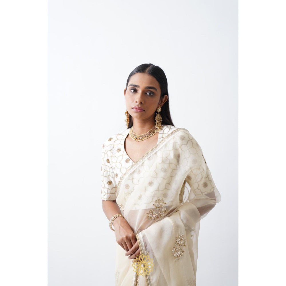 Rhua India White Avanti Classical Saree with Stitched Blouse and Petticoat