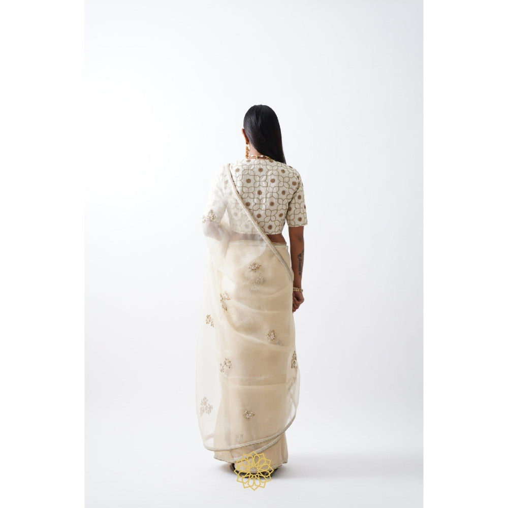 Rhua India White Avanti Classical Saree with Stitched Blouse and Petticoat
