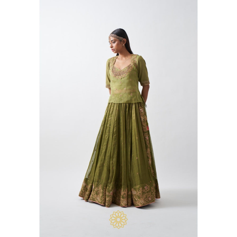 Rhua India Green Anika Lehenga with Blouse and Dupatta (Set of 3)