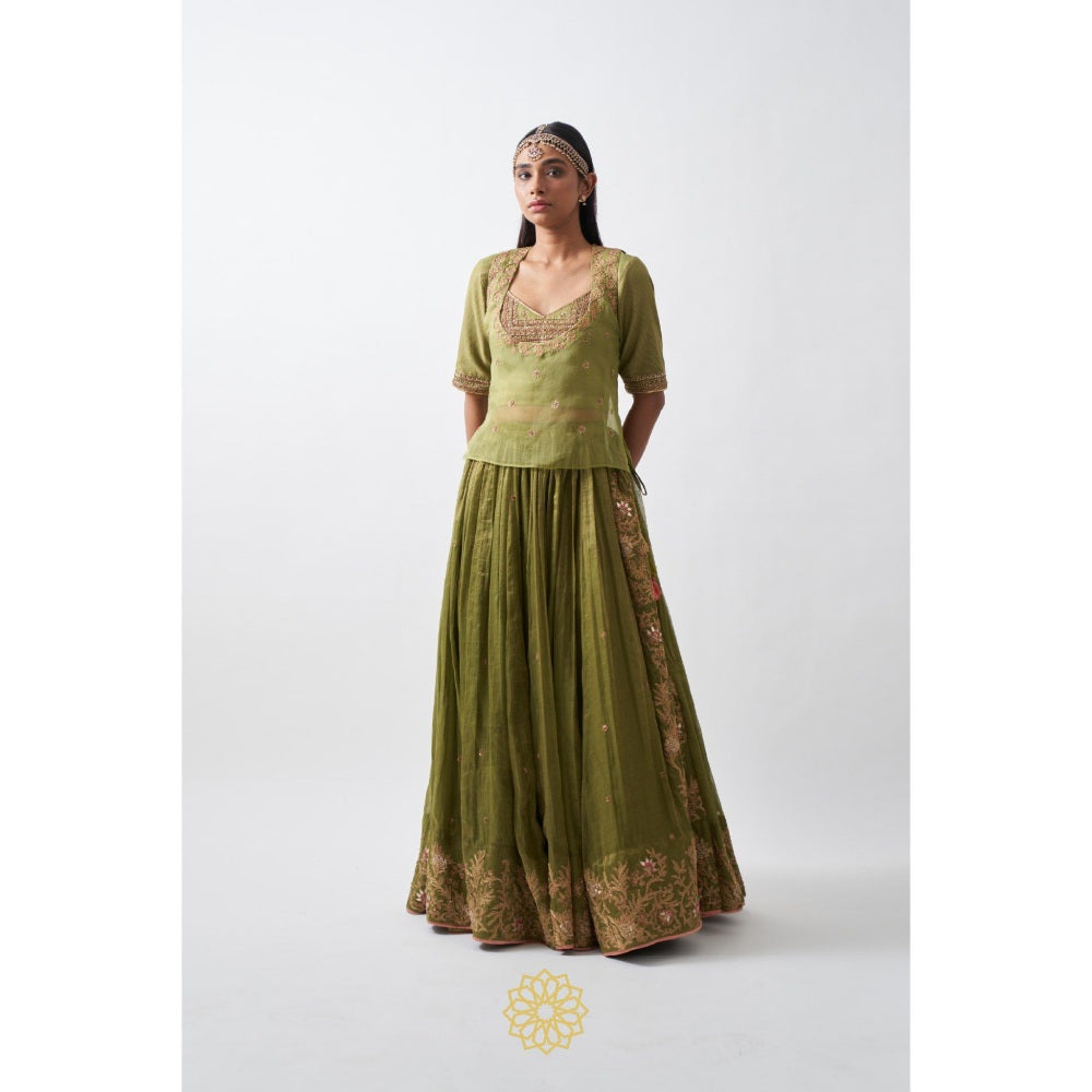 Rhua India Green Anika Lehenga with Blouse and Dupatta (Set of 3)
