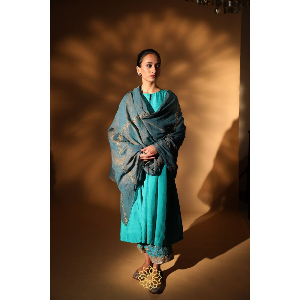 Rhua India Blue Preya Straight Kurta with Salwar and Dupatta (Set of 3)