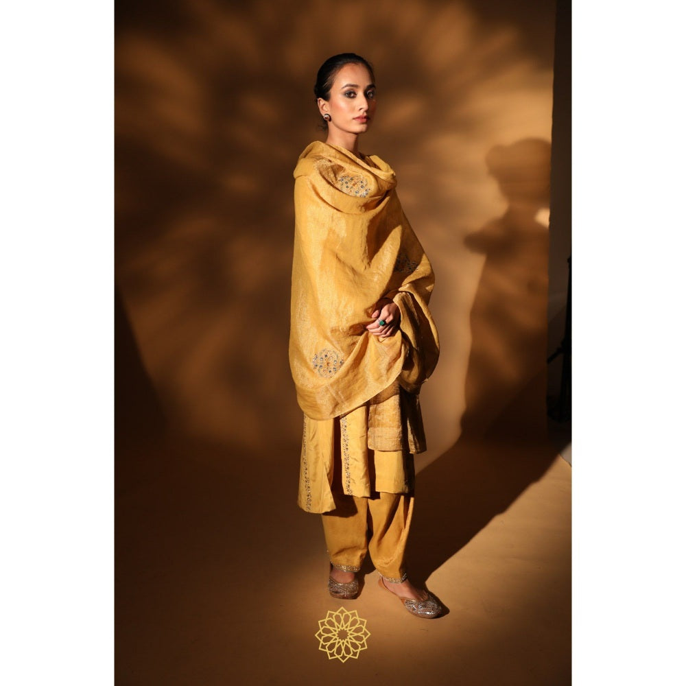 Rhua India Yellow Saie Straight Kurta with Salwar and Dupatta (Set of 3)