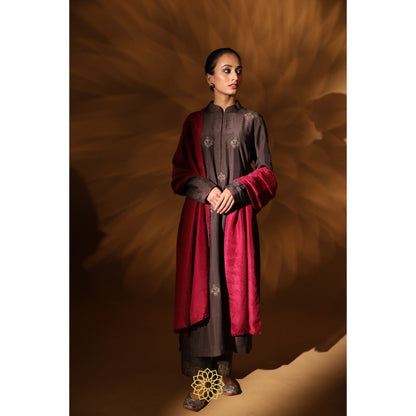 Rhua India Brown Meera Straight Kurta with Pant and Dupatta (Set of 3)
