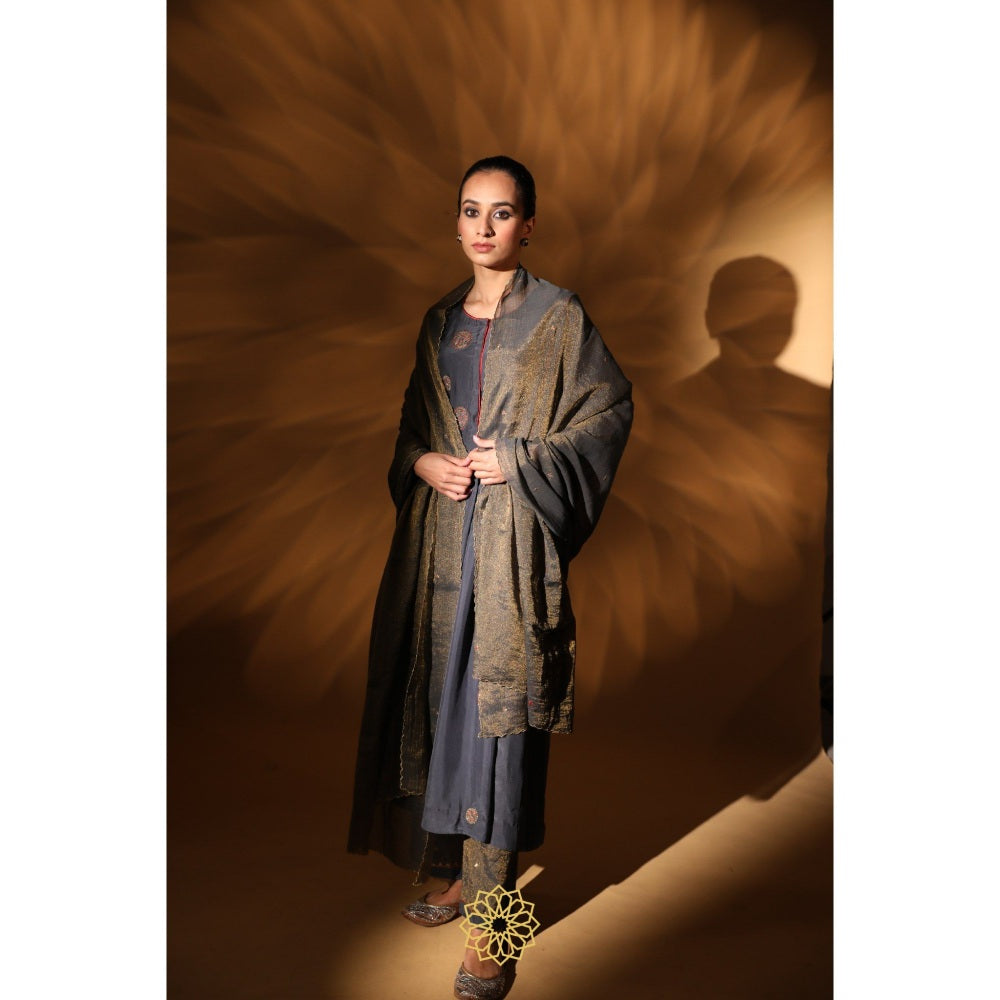 Rhua India Navy Blue Amira Gathered Kurta with Pant and Dupatta (Set of 3)